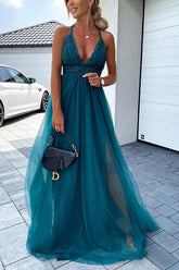 Rückenfreies Maxikleid aus Spitzennetzstoff mit Schleife